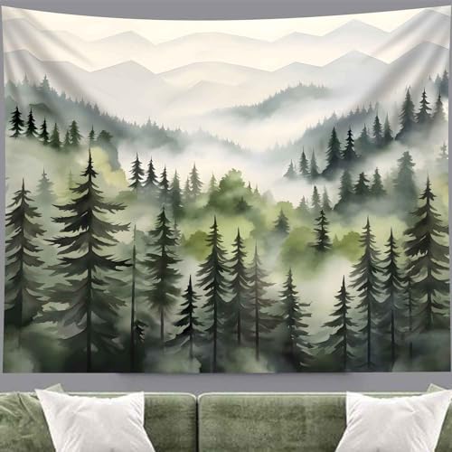 TUGCAY Misty Mountain Forest Tapestry, Green Nature Foggy Watercolor Tree Tapestries Landscape Scenery Tapestry Wall Hanging for Bedroom Living Room Backdrop 51 x 60 Inch