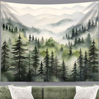 TUGCAY Misty Mountain Forest Tapestry, Green Nature Foggy Watercolor Tree Tapestries Landscape Scenery Tapestry Wall Hanging for Bedroom Living Room Backdrop 51 x 60 Inch