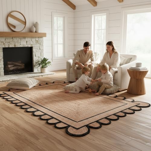 Braided Scalloped Jute Rug Natural with Black Trim, Handmade Farmhouse Boho Area Rug for Entryway, Kitchen, Hallway, Living Room, Bedroom, Rustic Woven Floor Rug - (Black- 3X5 ft) - size: 3' x 5' (Rectangular)
