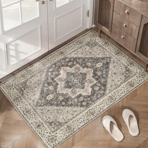 Tangsoo 2x3 Washable Rugs for Entryway, Vintage Non Slip Small Area Rug, Farmhouse Indoor Front Door Rug, Door Mat Small Carpet, Soft Low Pile Entry Rug for Entrance Kitchen Bedroom Grey/Multi - color: Grey/Multi, size: 2' X 3' (Rectangular)