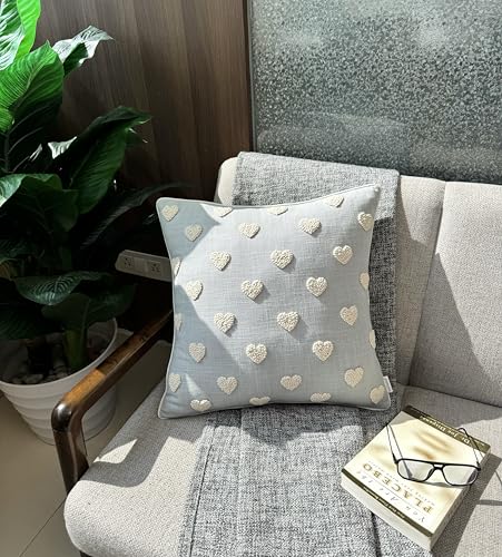 VAGMINE Hand Embroidered Heart Tufted 18x18 Throw Pillow Cover - Blue Grey Cotton Square Cushion for Sofa Couch Bed Nursery - Boho Valentine Decor - French Knots - color: Robins Egg-french Knots, size: 18" x 18" (Pack of 1)