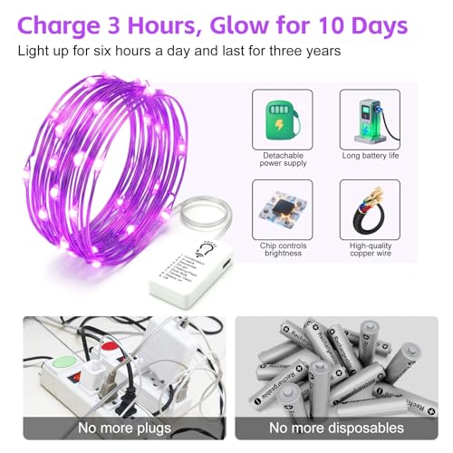 8 Pack Rechargeable LED Fairy Lights 7Ft 20LED Battery Operated with Remote, DIY Timer & 8 Modes, Mini Twinkle String Lights for Indoor Christmas Wedding Mason Jar Bedroom Party Table (Purple) - color: Purple