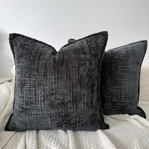 OYIMUA Black 16x16 Chenille Pillow Covers Set of 2 | Farmhouse Decorative Textured Pillow Cases for Living Room Couch & Bed | Soft Luxury Accent Throw Pillows with Elegant Design - color: Black, size: 16" x 16" (Pack of 2)