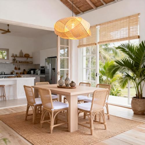 Bohemia Chandelier Light for Dining Room, Woven Bamboo Pendant Light, Hand-Woven Rattan Boho Ceiling Light for Kitchen Island Bedroom, Natural Wood Hanging Lamp with 47.2" Adjustable Cord - color: D3051