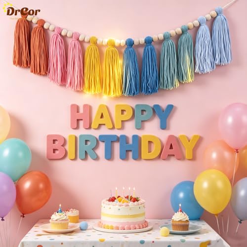 DrCor Boho Rainbow Tassel Garland – Earth Tone Classroom Decor for Bulletin Board, Reading Corner, Kids Room, Nursery, Teacher Classroom, Back to School & Birthday Decorations - color: Earth Rainbow