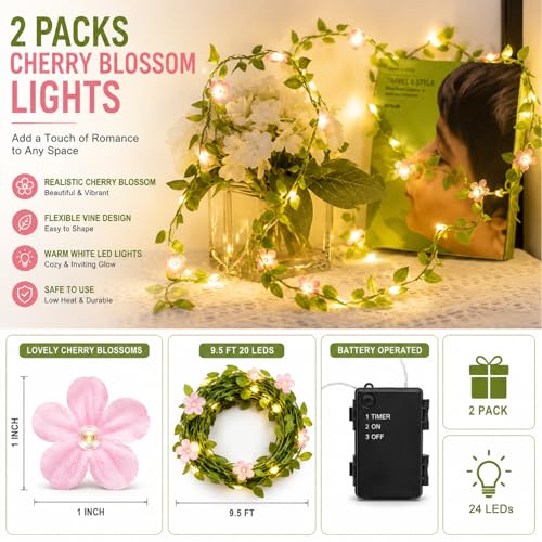 Vigdur 2 Packs Vine Lights - Tiny Leaf Ivy String Lights with 48 Cherry Blossom Lights Battery Powered Waterproof Fairy Light Indoor Outdoor for Bedroom Party Garden Wall Décor St. Patrick's Day - color: Cherry Blossom