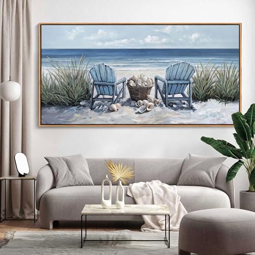 HGUAOA Coastal Wall Art - Large Landscape Wall Pictures for Living Room, Bedroom Pictures, Ocean Beach Artwork, Blue Wall Art, Above Bed Decor, Coastal Landscape Wall Decor,Framed Beach Pinting - color: Blue-F, size: 40"L x 20"W
