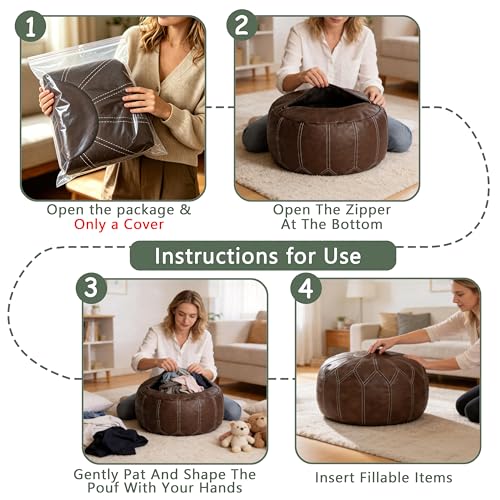 Thgonwid Round Unstuffed Pouf Cover, Faux Leather Storage Ottoman, Boho Moroccan Foot Stool, Multi-Purpose Home Decor for Living Room, Bedroom and Balcony, Deep Coffee, No Filling Included - color: Coffee（no Stuffing）