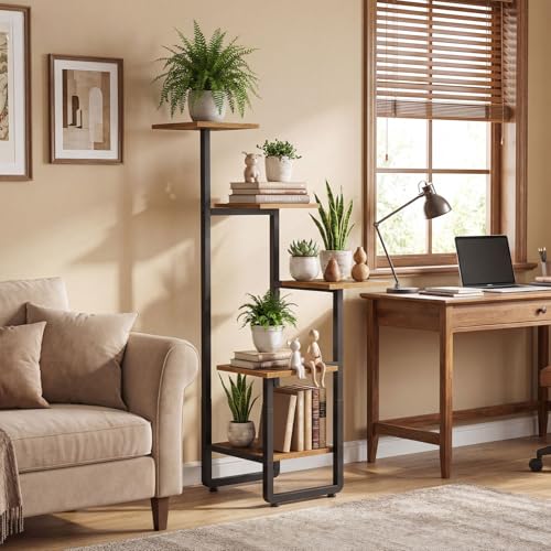 HOOBRO Plant Stand Indoor, 5 Tiered Plant Shelf for Multiple Indoor Plants, Square Corner Plant Stand for Living Room, Balcony, Patio, Rustic Brown and Black BF06HJ01