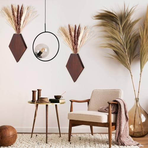 2 Pcs Bohemian Wooden Wall Planter Set with Pampas Grass Modern Farmhouse Wall Decor for Living Room, Bathroom, Bedroom, Office(Brown,Regular Style) - color: Brown, style: Regular Style