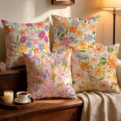 OBSEDE Impressionist Floral Decorative Throw Pillow Covers, Set of 4 Soft Linen Cushion Cases 18x18 Inch for Sofa Decor - color: Impressionist Floral