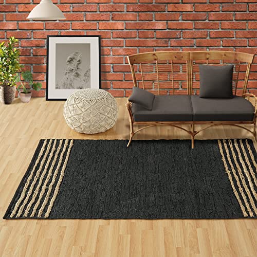 GRUHUM Black Jute Area Rug 8x10ft - Natural Fiber Black Leather Rectangular Handwoven Boho Farmhouse Soft Braided Eco Friendly Vintage Rugs for Indoor Living Room Bedroom Kitchen Hallways 8'x10' Large - color: Natural Black- 20, size: 8' x 10' (Rectangula