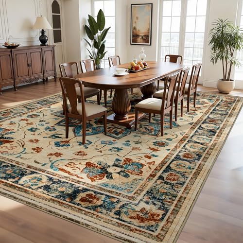 Joydeco 8x10 Area Rugs for Living Room, Non Slip Machine Washable Vintage Rug, Low Pile Chenille Print Rugs for Bedroom, Dining Room, Home Office, Pet & Child Friendly, Beige & Blue & Reddish-Brown - color: Beige&blue&reddish-brown, size: 8' x 10' (Rectan