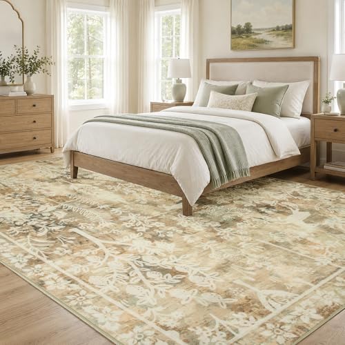 8x10 Area Rugs for Living Room, Large Washable Rug Cute Vintage Distressed Non Slip Bedroom Carpet, Low Pile & Thin Floral Rug for Dining Room Farmhouse Nursery Playroom Home Office, Oatmeal Beige - color: Cute | Oatmeal Beige, size: 8' x 10' (Rectangular