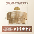 BoostArea 16.54” Boho 2-Tier Rattan Ceiling Light Fixture, Semi Flush Mount Woven Chandelier for Bedroom, Dining Room, Kitchen, Entryway, Living Room(Bulb not Included) - color: Brown