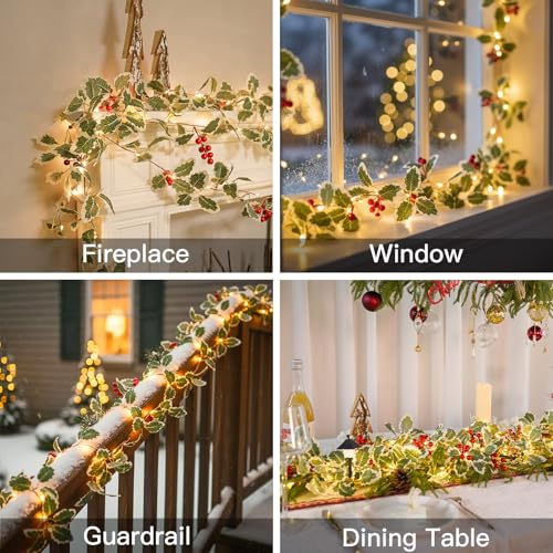 suddus 40 LED Christmas Fairy Lights Battery Powered,12.5ft Vine String Lights with Red Berries & Holly Leaf Timer Remote, Artificial Garlands for Fireplace, Bedroom,Porch,Door,Table,Stairs,Xmas Decor - color: Holly, size: 40 LED-Battery-Copper
