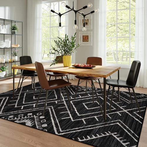 LIVEBOX Moroccan 8x10 Area Rug, Black Washable Rugs for Living Room Bedroom, Non Slip Western Tribal Rug Low Pile Geometric Large Area Rugs Diamond Carpet for Dining Room Home Office Decor Playroom - color: Black, size: 8‘ x 10'