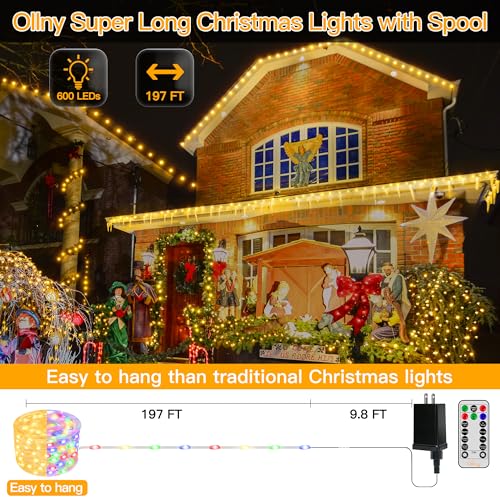 Ollny Christmas Lights Warm and Multicolor, 600LED 197FT Christmas Tree Lights IP67 Waterproof, Plug in Fairy Light with Remote 11 Modes Timer, Xmas Light for Outdoor Indoor House Holiday - color: Warm and Multicolor, size: 600 LEDs