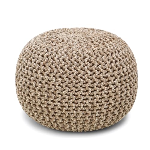 REDEARTH Round Pouf Ottoman - Hand Knitted Cable Boho Poof Home Décor Pouffe Circular Footrest for Living Room - Nursery - Bedroom - Lounge 100% Cotton (18”x18”x14”) - Beige Ivory - color: Beige Ivory, size: 18"D x 18"W x 14"H