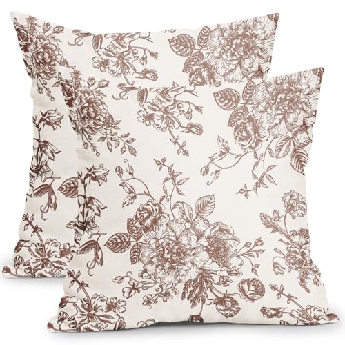 Vintage Floral Pillow Covers 18x18 Inch Set of 2 Light Brown and Cream Floral Throw Pillow Covers Chinoiserie Flower Pillowcases Rustic Farmhouse Cotton Linen Cushion Covers for Couch Bed Sofa Decor - color: Light Brown, size: 18" x 18" (Pack of 2)