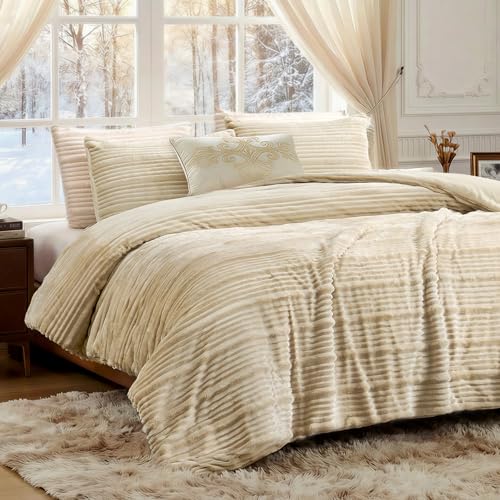 Amélie Home High-End Fleece Twin Comforter Set,Cozy Warm Striped Plush Bedding Set, 3 Pieces, 1 Cozy Comforter with 2 Pillowcases, Beige, 68"x90" - color: Striped Beige, size: Twin (68"x90")