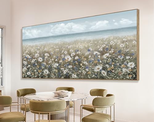 Extra Large Framed Wall Art Blue Seaside And White Flower Wall Decor Farmhouse Art Work Natural Scenery Prints Modern Landscape Picture For Living Room Bedroom Office Hallway 86"x39" - color: Coastal Flower Sea Art, size: 86"L x 39"W