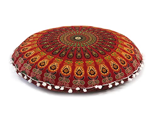 Round Mandala Floor Pillow Cover Seating Cushion Throw Cover Hippie Decorative Bohemian Ottoman Pouf Cover, Pom Pom Pillow Cases,Boho Indian 22 Inches (Red) - color: Red