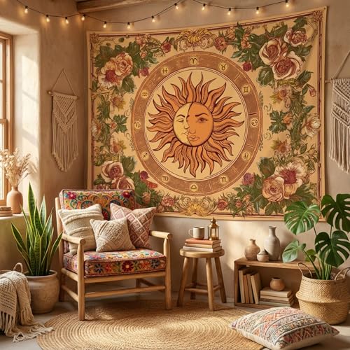 Gruaoihy Yellow Vintage Sun and Moon Tapestry, Boho Indie Aesthetic Constellation Wall Art with Floral Sunflowers for Bedroom Living Room Decor, Orange 36x48 inches - color: Vintage Sun and Moon, size: 48"L x 36"W
