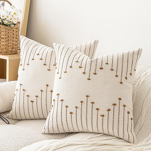LILEPOY Boho Throw Pillow Covers 18x18 Set of 2 Neutral Decorative Textured Cushion Case Farmhouse Pillowcase Modern Square Pillow Covers for Sofa,Couch, Living Room,Beige and Brown - color: Beige and Brown, size: 18" x 18" (Pack of 2)