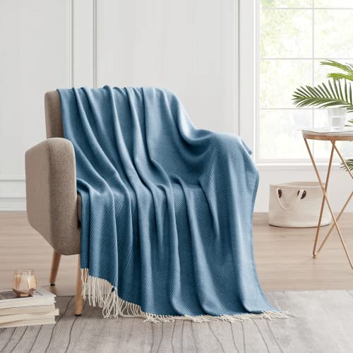 BOURINA Decorative Herringbone Faux Cashmere Fringe Throw Blanket Lightweight Soft Cozy for Bed or Sofa Farmhouse Outdoor Throw Blankets, 50" x 60", Navy - color: Navy, size: 50"x60"