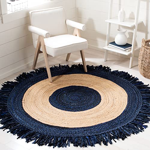 SAFAVIEH Cape Cod Collection 3' Round Navy / Natural CAP701N Handmade Boho Fringe Jute & Cotton Area Rug - color: Navy/Natural, size: 3' (Round)