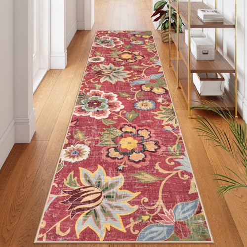 Beeiva Floral Runners for Hallways, Washable Rugs Runners 2.5x10 Non Slip Red Rug, Vintage Rugs with Rubber Backing Paisley Stair Carpet for Kitchen Entryway Laundry Room Christmas - color: Red, size: 2'5" x 10' (Rectangular)