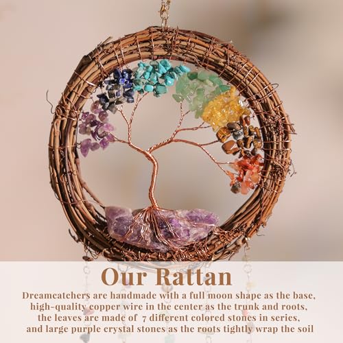 Dream Catcher - Dreamsum 7 Chakra Tree of Life Dream Catcher Native Boho Dreamcatcher Rattan Wall Decor, Handmade Natural Rattan Brown Crystal Hanging Decor for Bedroom Living Room (Dark Brown) - style: Rattan-Crystal