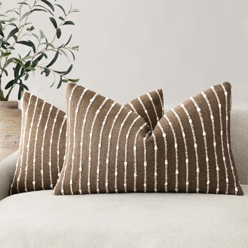 Foindtower Pack of 2 Decorative Jacquard Boucle Lumbar Throw Pillow Covers Accent Textured Striped Pillowcases Cozy Boho Cushion for Couch Sofa Bedroom Living Room Home Decor 12x20 Inch Brown - color: Brown, size: 20" x 12" (Pack of 2)
