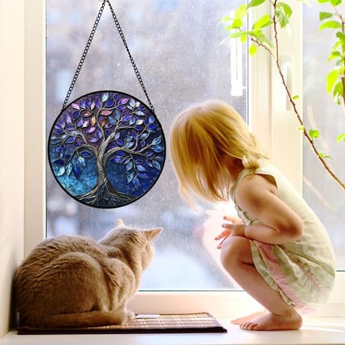 DASTOLL Stained Glass Window Hanging, Blue Purple Tree of Life Sun Catchers Colorful Glass Panel Plants Suncatcher Decor for Birthday for Women,Men,Wife, Lovers, and Mom 7.8 in - color: Blue Purple, size: 7.8x7.8 IN