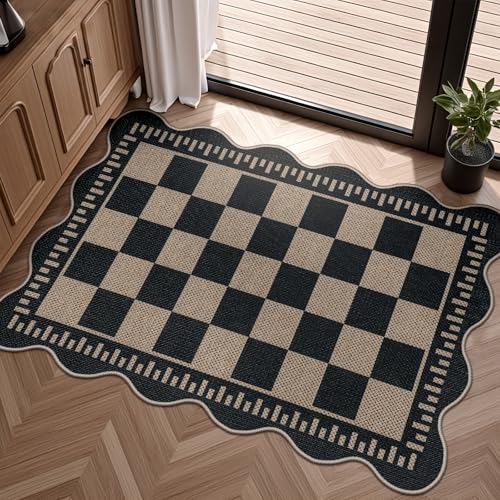 Checkered Easy Jute Entryway Rug, 2x3 Washable Non Slip Kitchen Rug, Indoor Outdoor Door Mat, Farmhouse Low Pile Floor Black Rugs for Porch Doorway - color: Black Checkered, size: 2'x3' (Rectangular)
