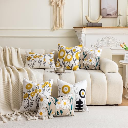 vctops Boho Floral Tufted Decorative Throw Pillow Cover Botanical Embroidered Cotton Cushion Cover for Couch Sofa Bed (Flower E,18"x18") - color: Flower E, size: 18" x 18" (Pack of 1)