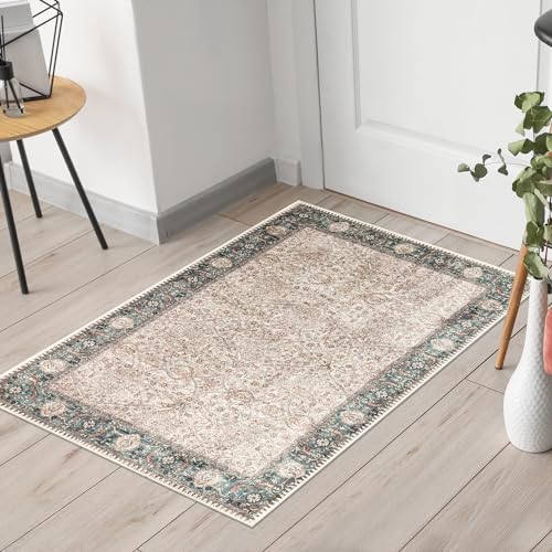 Keen Home Design 24"x36" Rug - Machine Washable Entry Rug with Non-Slip Backing, Ideal for Enteryway, Kitchen, Bathroom, Laundry Room - Vintage, Easy Clean, Durable, Low Pile - (2' x 3') - color: Beige / Oil Blue, size: 2' x 3' (Rectangular)