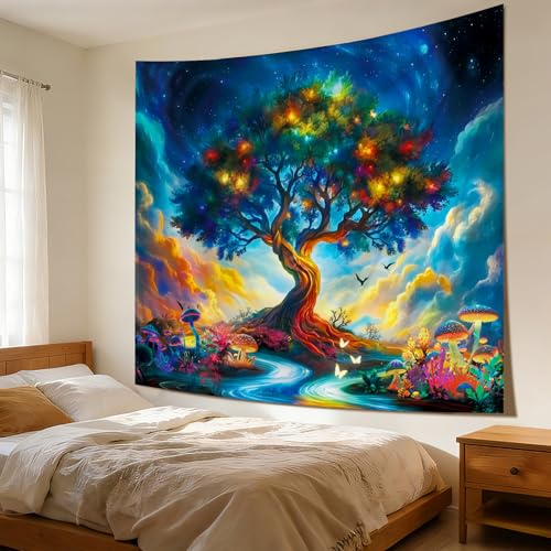 Apdidl Tree of Life Space Tapestry for Bedroom, Nature Galaxy Starry Sky Mushroom Posters Tree Wall Tapestries, Colorful Cloud Landscape River Wall Hanging Aesthetic for Living Room Decor 51"X60" - color: Tree of Life Tapestry, size: 60"L x 51"W