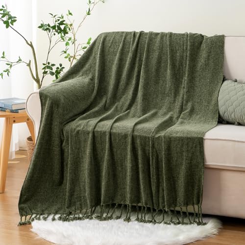 BATTILO HOME Olive Green Chenille Throw Blanket for Couch, Soft Cozy Textured Knit Throw Blanket with Handmade Fringe Tassels, Lightweight Decorative Farmhouse Blanket for Sofa Bed Chair, 50"x60" - color: Olive Green