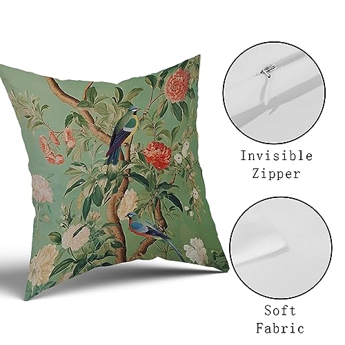 Green Chinoiserie Pillow Cover 18x18 Inch Vintage Bird Flower Throw Pillow Covers Farmhouse Floral Decorative Pillowcase Outdoor Cotton Square Cushion Cover for Couch Sofa Bedroom Decor (Pack of 2) - color: Field Green, size: 18" x 18" (Pack of 2)