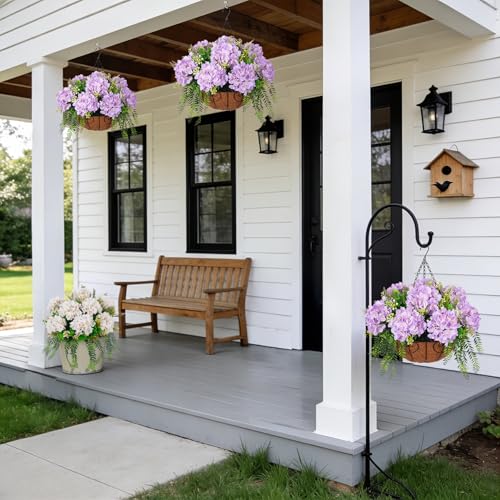 Ammyoo Artificial Flowers in Hanging Basket Planter for Home Spring Summer Decoration, Silk Hydrangea Outdoor Indoor Arrangements, 12" Metal Coconut Lining Basket with Faux Plant(Light Purple) - color: Z-light Purple With Basket