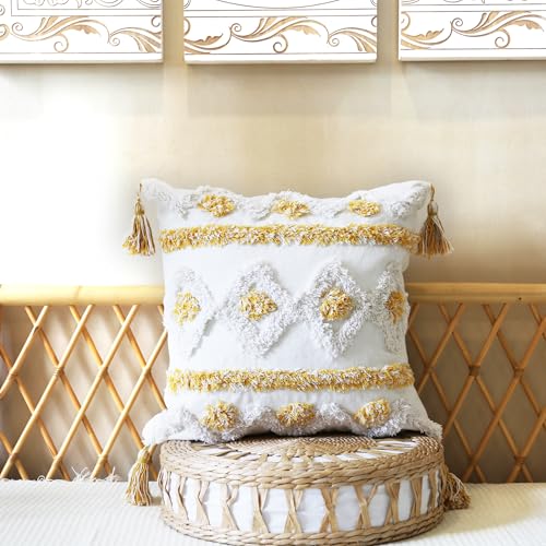 Boho Pillow Covers 18X18 Inch White Yellow Tufted Throw Pillow Covers Decor Tassels Cushion Cover Pillow for Sofa Handmade Embroidery Couch Pillow Covers Retro Boho Pillowcase Covers