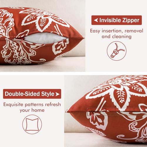 Decorative Outdoor Floral Pillow Covers Set of 2,Waterproof Boho Farmhouse Throw Pillows Summer Accent Pillowcases for Patio Furniture Garden Sofa 18x18 Inch, Brick - color: Brick