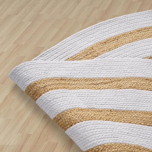 GRUHUM Round Jute Cotton Area Rugs 10ft Natural Fiber Rug with Rings Handwoven Boho Reversible Farmhouse Braided Rustic Vintage Rug Indoor Kitchen Bedroom Living Room Hallways Enterways 10 feet, White - color: Natural /White- 63, size: 10' (Round)