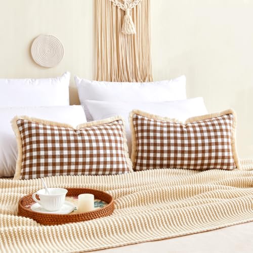 CARRIE HOME Farmhouse Brown Gingham Lumbar Pillow Covers 12x20 Set of 2, 12 x 20 Outdoor Khaki Checkered Plaid Lumbar Pillows for Patio Porch, Farmhouse Linen Throw Pillows with Ruffle Fringe - color: Lumbar Khaki & White (With Tassels), size: 20" x 12" (
