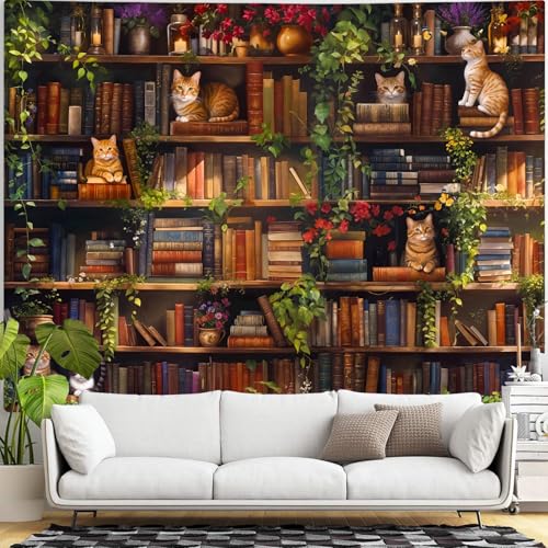 Accnicc Plant Cat Bookshelf Tapestry Botanical Floral Flower Cats Book Tapestries Wall Hanging Vintage Library Extra Large Tapestry for Bedroom Living Room Dorm 90 x 68 inch - color: Green Brown, size: 90"L x 68"W