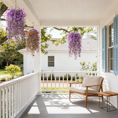 INQCMY Artificial Hanging Flower Baskets for Spring Outdoor Decoration Fake Plants UV Resistant Faux Silk Daisy with Eucalyptus Leaves Realistic Look for Home Porch Patio Yard - color: Purple