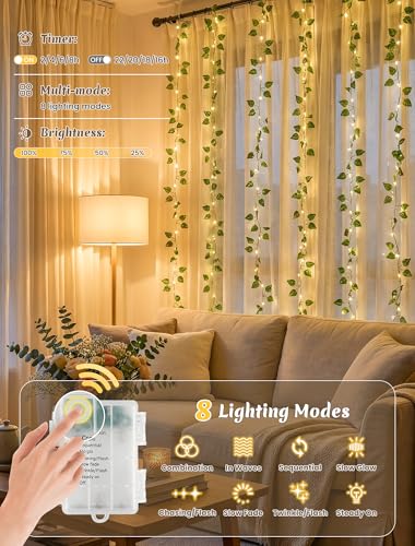 YOUNGAR Pothos Vines with Fairy Lights,Battery/USB Operated Leaf String Warm White Lights,23FT 73LED vine lights with Remote for Bedroom Garland Wedding Birthday Garden Party Wall Room Headboard Decor - color: Pothos (Warm White), size: 73 LED-USB/Battery
