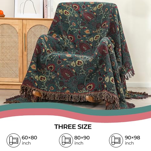 Boho Fall Throw Blanket for Bed,100% Ultra Cotton Soft Breathable Bed Throw Floral Printed Farmhouse Decor Rustic Bed Throws for Couch Sofa Quilt 80" x 90" - color: Green Peacock Tail, size: 80"x90"
